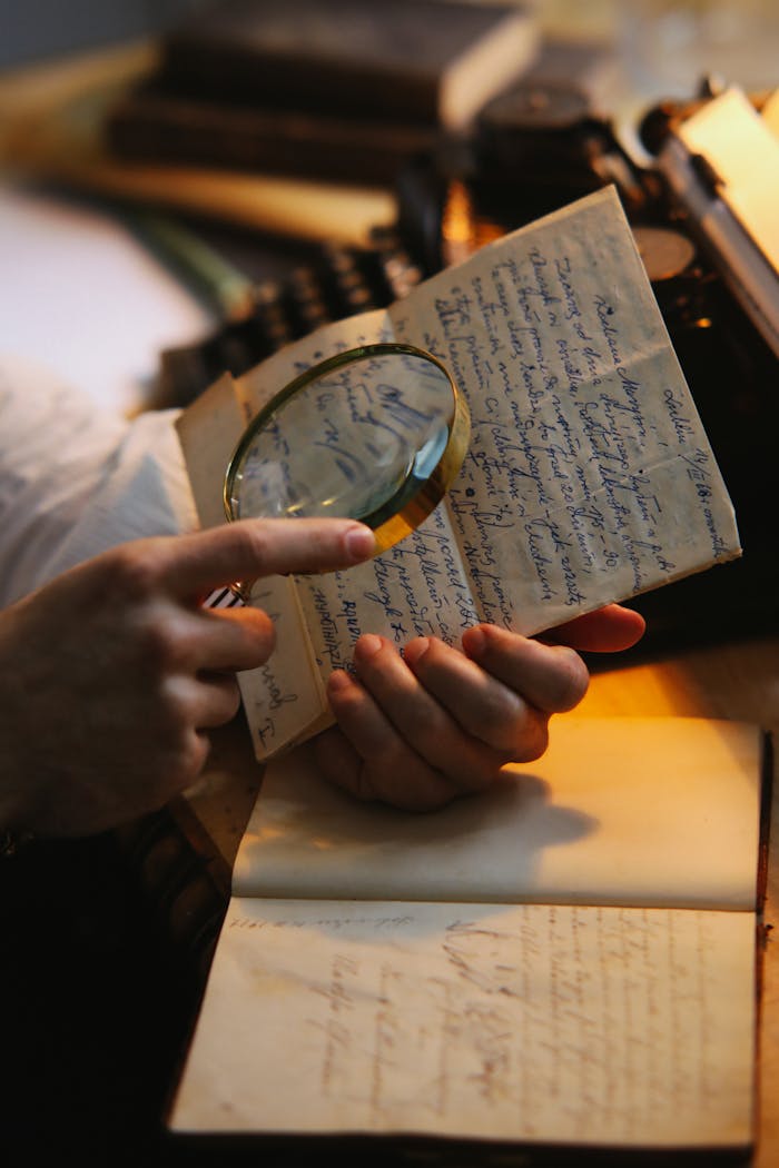 Close-up shot of hands examining a handwritten letter with a magnifying glass.