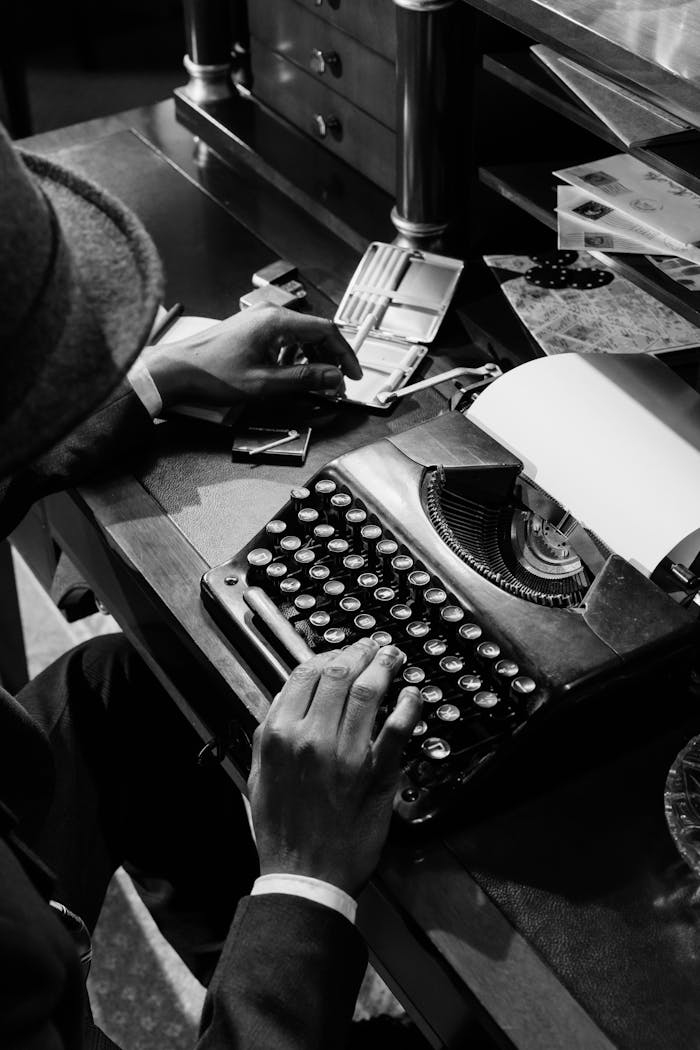 Black and white image of a detective at a typewriter, evoking mystery and noir ambiance.